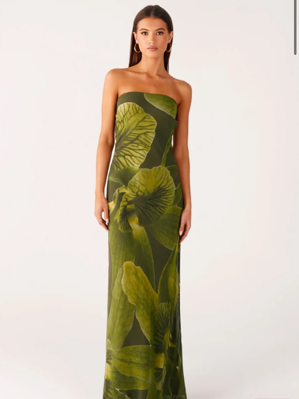 Peppermayo Olive Green Floral Tropical Leaves Strapless Nettle Maxi Dress - Picture 4 of 13